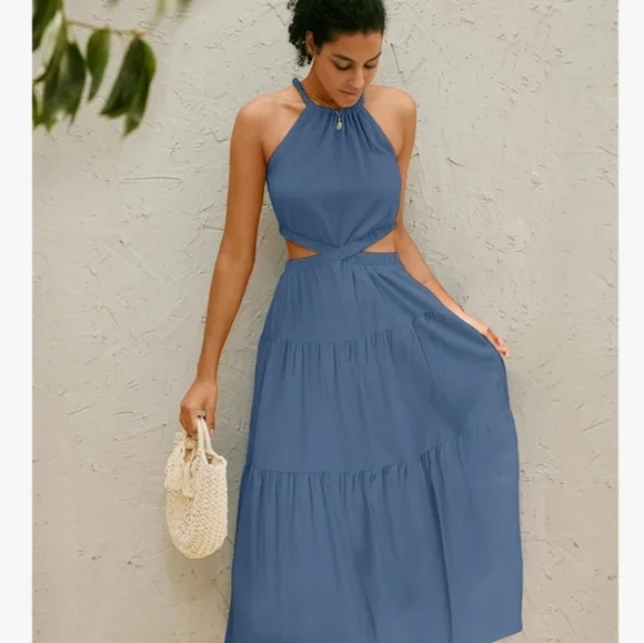 MIHOLL Dusty Blue Cutout Halter Maxi Dress - Picture 3 of 16